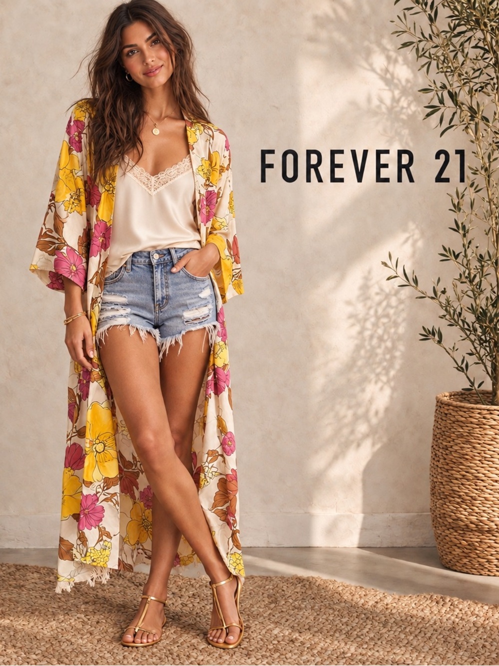 🌸Forever 21 Yellow & Pink Floral Maxi Kimono 1X Boho Chic Bohemian Resort Beach